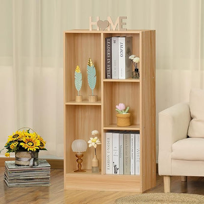 LEYAOYAO 5 Cube Mid-Century Modern Natural Wood Bookshelf with Base, 3 Tier Storage Organizer Shelf, Rustic Wood Display Cabinet for Bedroom, Living Room, Office