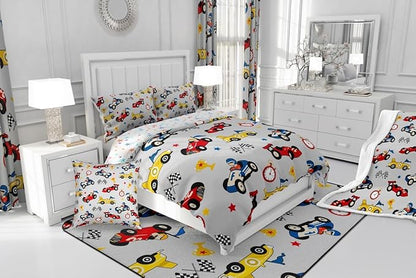 Feelyou Kids Cartoon Car Comforter Set Twin Size Racing Car Bedding Set for Boys Girls Teen Kids Children Home Decor Racing Car Comforter Race Cars Quilt Bed Set Red Grey Bedding Set for All Season