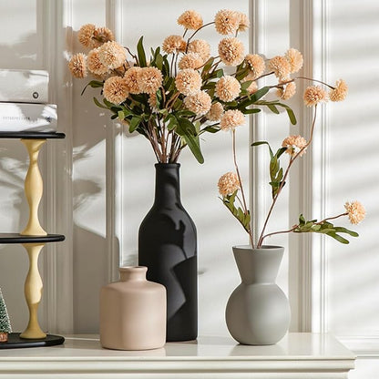 Fake Flowers in Vase for Centerpieces, Faux Flowers in Modern Ceramic Vase Set of 3 with 8 Artificial Autumn Chrysanthemums Home Decor