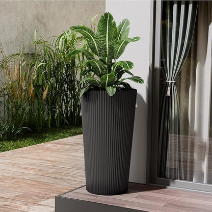 23.6" Tall Planters for Outdoor Plants,Large Outdoor Planters for Front Porch Decor with Drainage Hole, Flower Pots Fits Indoor Plants Patio/Garden, Plastic Striped Black (2 Pack)