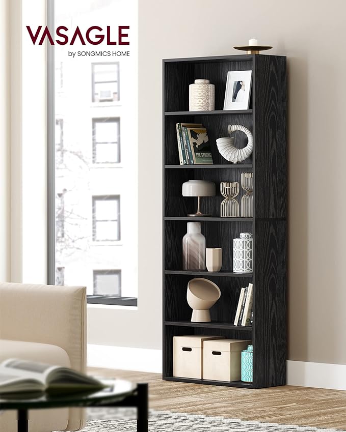 VASAGLE Bookshelf, 23.6 Inches Wide, 6-Tier Open Bookcase with Adjustable Storage Shelves, Floor Standing Unit, Ebony Black ULBC166T56