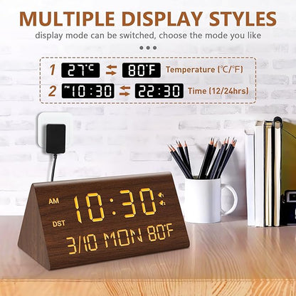 Kogonee Wooden Digital Alarm Clock, 0-100% Dimmer, 2 Alarm Settings, Weekday/Everyday Mode, 9 Mins Snooze, 12/24H, Temperature and Date Display for Office, Travel, Bedroom Alarm Clock (Brown)