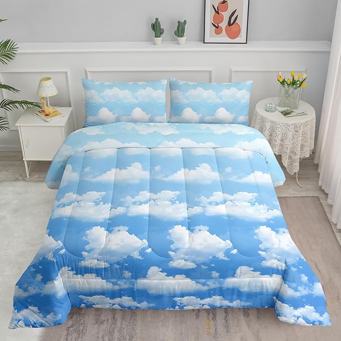 Axolotl Blue Cloud Comforter Set Queen,Light Blue Bedding Set,Cloud Sky Comforter Set Blue Sky and White Clouds Design Bedding Set,Sky Blue Comforter for Kids Girls Boys Teens,1 Quilt 2 Pillowcases