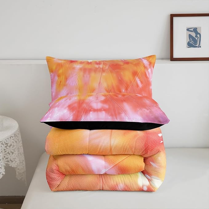 Girls Tie Dye Comforter Set with Pillowcase Trippy Bedding Boho Hippie Psychedelic Gypsy Down Comforter Twin Kids Bed Sets Soft Machine Washable Pastel Duvet Quilt Set, Orange Yellow Pink Purple Blue