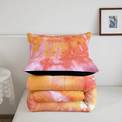 Girls Tie Dye Comforter Set with Pillowcase Trippy Bedding Boho Hippie Psychedelic Gypsy Down Comforter Twin Kids Bed Sets Soft Machine Washable Pastel Duvet Quilt Set, Orange Yellow Pink Purple Blue