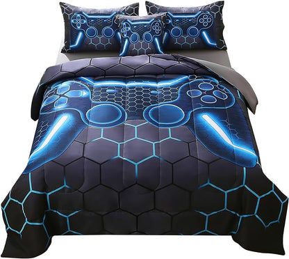 JQinHome Full Gamer Comforter Set,6 Piece Bed in A Bag 3D Video Game Bedding -All Season Down Alternative Gamer Bedding Sets - (Blue Game Controller)