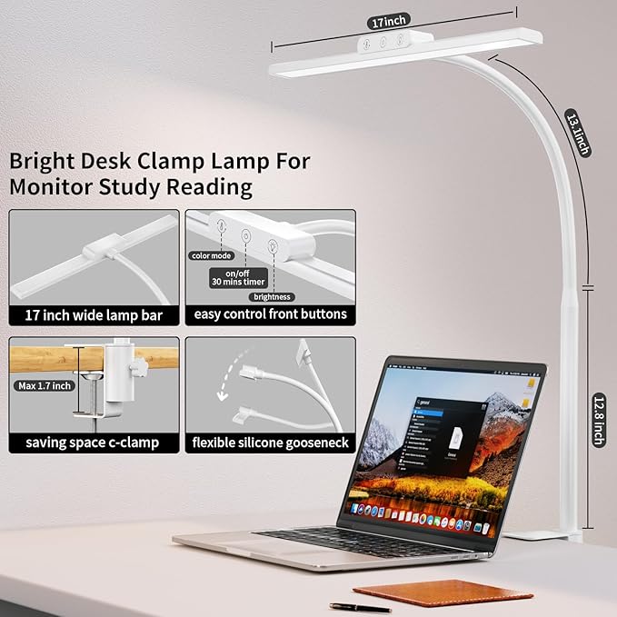 KableRika Desk Lamp,Led Desk Lamps with Clamp,Architect Desk Lights for Home Office Desktop Office Lamp 4-Brightness 4-Color Eye Care Overhead Table Lamp for Computer Monitor Study Reading White
