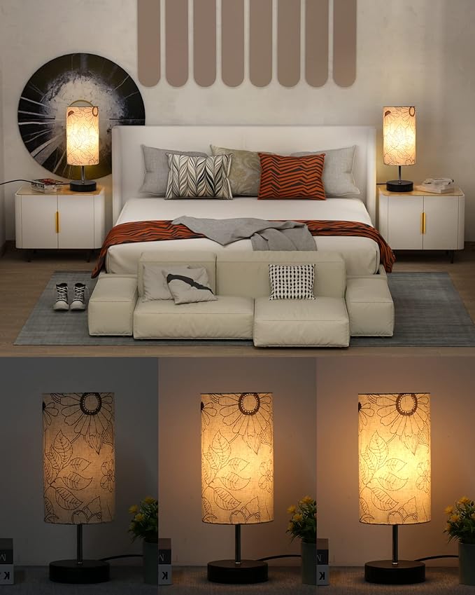 Touch Control Desk Lamp with 2 USB Ports, 3-Way Dimmable Bedside Lamp for Bedroom, Nightstand Lamp with Round Flower Fabric Shade for Living Room, Home Office (secret-single)