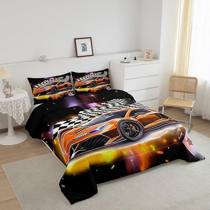 Sports Car Comforter Set Full Size, Orange Racing Car Bedding Set 3pcs for Kids Boys Teens Bedroom Cool Speed Luxury Car Decor, Black White Plaid Grid Print Quilt Set with 2 Pillowcases