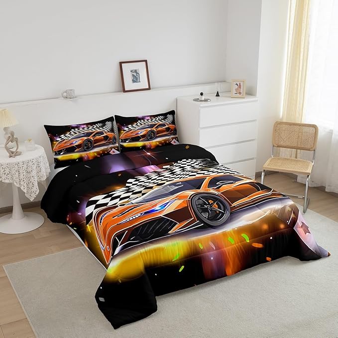 Feelyou Sports Car Comforter Set Queen, Orange Racing Car Bedding Set 3pcs for Kids Boys Teens Bedroom Cool Speed Luxury Car Decor, Black White Plaid Grid Print Quilt Set with 2 Pillowcases