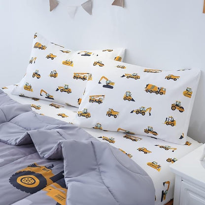 Full Size Comforter Set for Boys, 4-Piece Bed in a Bag, 3D Construction Bedding Comforter Sheet Set, Ultra Soft and Fluffy, Cartoon Truck Cars