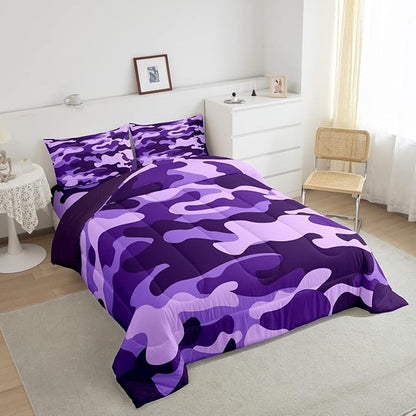 Full Size Camouflage Comforter Set 3Pcs Kids Bedding Set for Boys Girls Teens 1 Comforter & 2 Pillowcases(Full,Purple) Boys