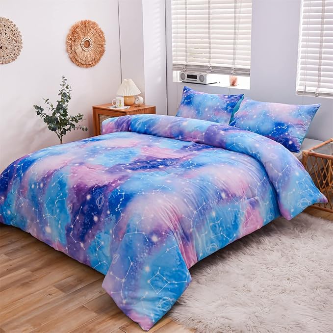 Holawakaka Tie Dye Constellation Print Ombre Comforter Set Full Size Boys Girls Gradient Galaxy Bedding Set (Blue Purple, Full)