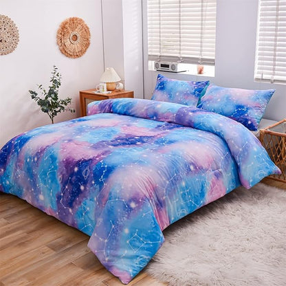 Holawakaka Tie Dye Constellation Print Ombre Comforter Set Full Size Boys Girls Gradient Galaxy Bedding Set (Blue Purple, Full)
