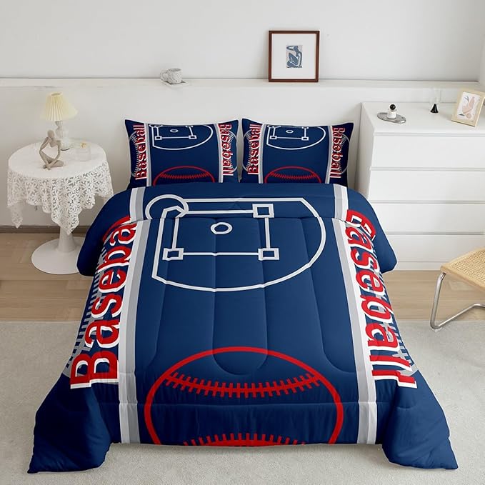 Feelyou Baseball Print Bedding Set Queen Size Sports Game Comforter Set for Kids Boys Girls Decor Baseball Gaming Comforter Microfiber Ball Duvet Set Bedroom Quilt Set