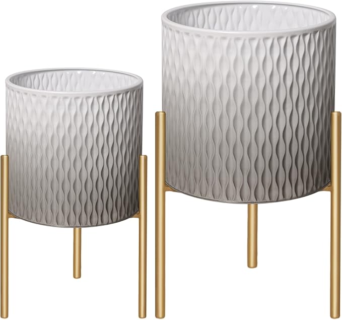 ARNIS Plants Pots with Stand,Set of 2 Flower Pots, Unique Mid Century Decorative Metal Flower Pots with Drainage,10.5&12.25 Inch, Grey and White