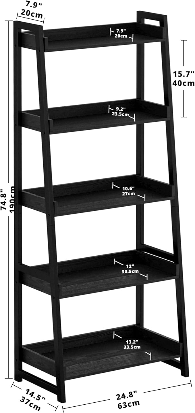 IRONCK Industrial Bookshelf 5-Tier, Bookcase Ladder Shelf, Storage Shelves Rack Shelf Unit, Accent Furniture Metal Frame, Home Office Furniture for Bathroom, Living Room