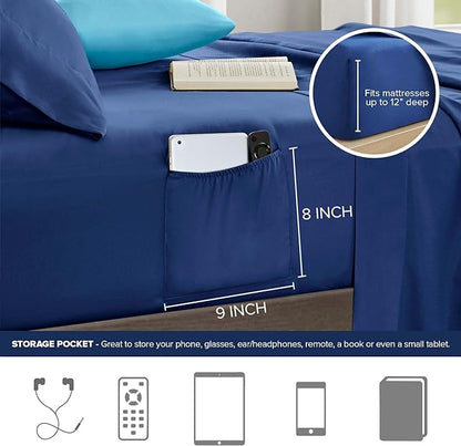 Comfort Spaces Twin XL Comforter Sets with Sheets - Bed in a Bag 6 Pieces Teen Bedding Sets Twin XL, Navy and Grey Stripes Bedding, College Twin Bed Set, 2 Side Pocket Bedroom Organizer Twin XL Navy