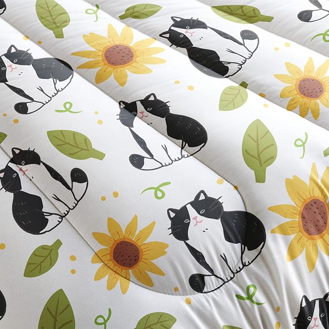 Kawaii Cat Comforter Full Size,Sunflower Cat Comforter Set for Kids Teens Girls Boys,3Pcs Bedding Set Printed Comforter with 2 Pillowcases,Down Alternative,Soft and Lightweight，Full Size