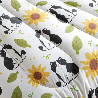 Kawaii Cat Comforter Twin Size,Sunflower Cat Comforter Set for Kids Teens Girls Boys,3Pcs Bedding Set Printed Comforter with 2 Pillowcases,Down Alternative,Soft and Lightweight，Twin Size