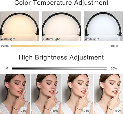 Half Moon Light with Phone Holder, 29 in 48W Nail Desk Lamp, Lash Light for Eyelash Tech, Makeup, Tattoo, Spa, Salon, Nail Tech Lamp with Stepless Dimming & Color Temperature (Black)