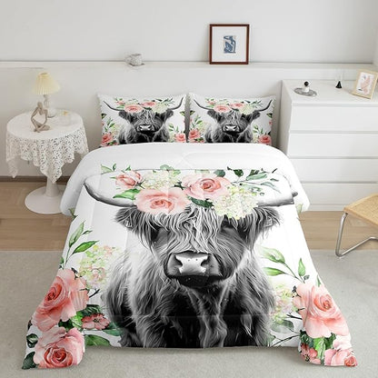 Highland Cow Bedding Set Kids Rose Floral Bull Cattle Comforter Set for Girls Teens Western Wildlife Animal Comforter Farmhouse Duvet Set Room Decor Quilt Set Twin Size