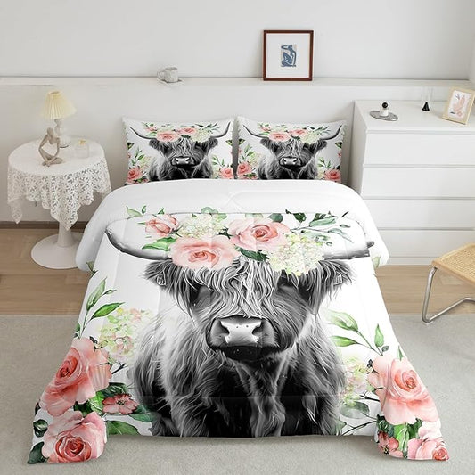 Feelyou Highland Cow Bedding Set Kids Rose Floral Bull Cattle Comforter Set for Girls Teens Western Wildlife Animal Comforter Farmhouse Duvet Set Room Decor Quilt Set King Size