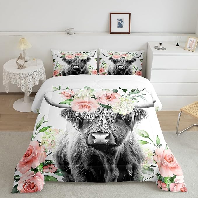 Highland Cow Bedding Set Kids Rose Floral Bull Cattle Comforter Set for Girls Teens Western Wildlife Animal Comforter Farmhouse Duvet Set Room Decor Quilt Set Full Size