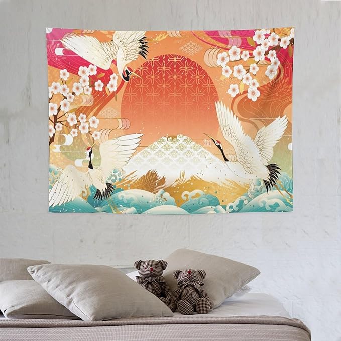 HZOHNAGO Japanese Tapestry Cherry Blossom Crane Sea Wave Fuji Mountain Red Sun Pattern Printed Wall Tapestry Painting Wall Hanging for Bedroom Living Room Dorm 40" W x 30" H