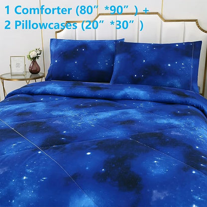 3PCS Blue Galaxy Comforter Set Full, Full Size Bed in a Bag Summer Comforter, Lightweight and Fade Resistant, Cute Full Size Quilt for Boys Girls Toddler Kids and Teens, Full