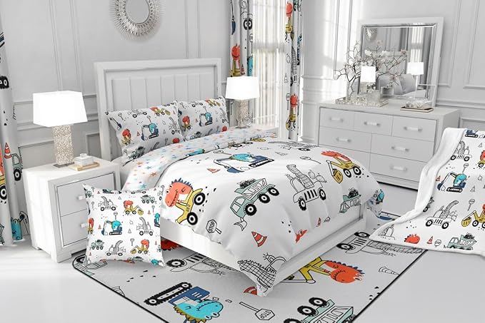 Feelyou Kids Cartoon Car Comforter Set Construction Bedding Set Queen Size Tractor Vehicle Truck Comforter for Kids Boys Girls Cute Dinosaur Quilt Set Yellow Blue Soft for Teens Child Room Decor