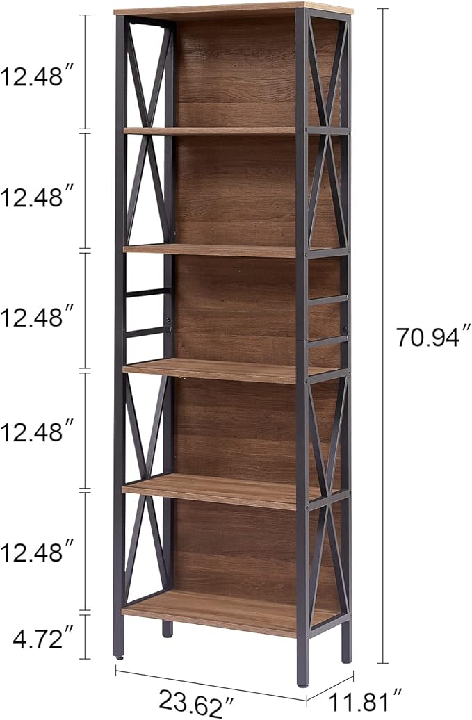 HOMISSUE Bookshelf, 6-Tier Bookshelf, Rustic Wood Metal Bookshelves and Bookcases, Freestanding Open Bookshelf, Industrial Tall Bookcase for Home Office, Living Room and Bedroom, Vintage Brown