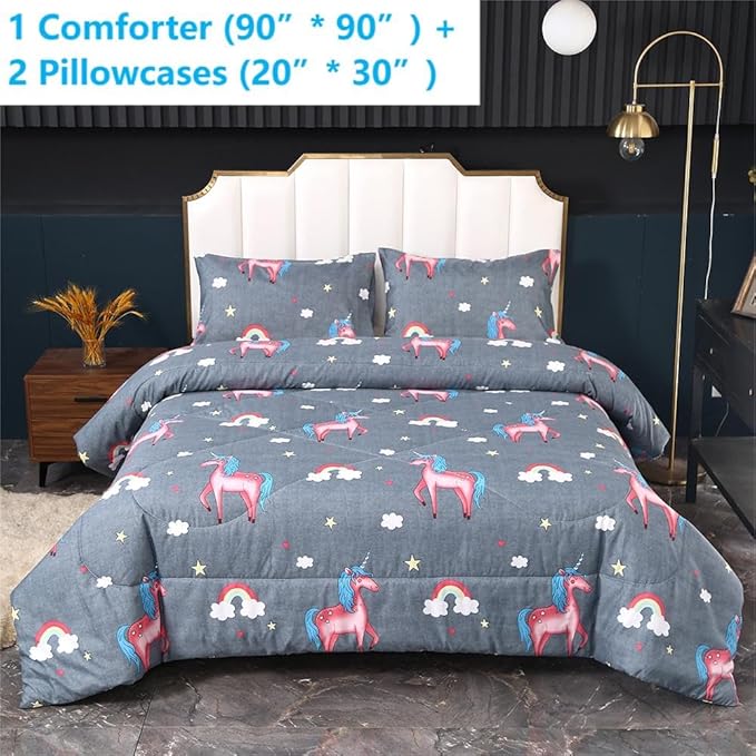 3PCS Gray Unicorn Comforter Set Queen Size, Queen Bed in a Bag Set Cute Bedding, Hotel Luxury, Lightweight Comforter Queen for Boys Girls Toddler Kids and Teens, Queen