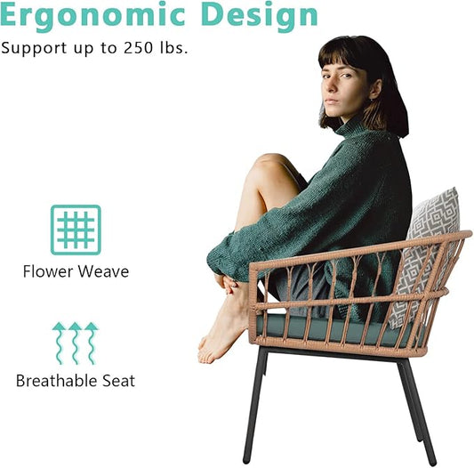 3 Piece Patio Furniture Outdoor Conversation Bistro Set with Tempered Coffee Table and Wicker Chairs for Garden Balcony Backyard Yard Poolside (Green)