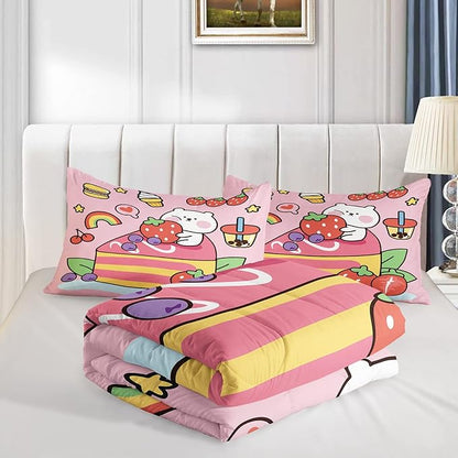 Kawaii Bear Comforter King,Pink Bear Comforter Set for Kids Teens Girls,3Pcs Bedding Set Printed Comforter with 2 Pillowcases,Down Alternative,Soft and Lightweight，King Size
