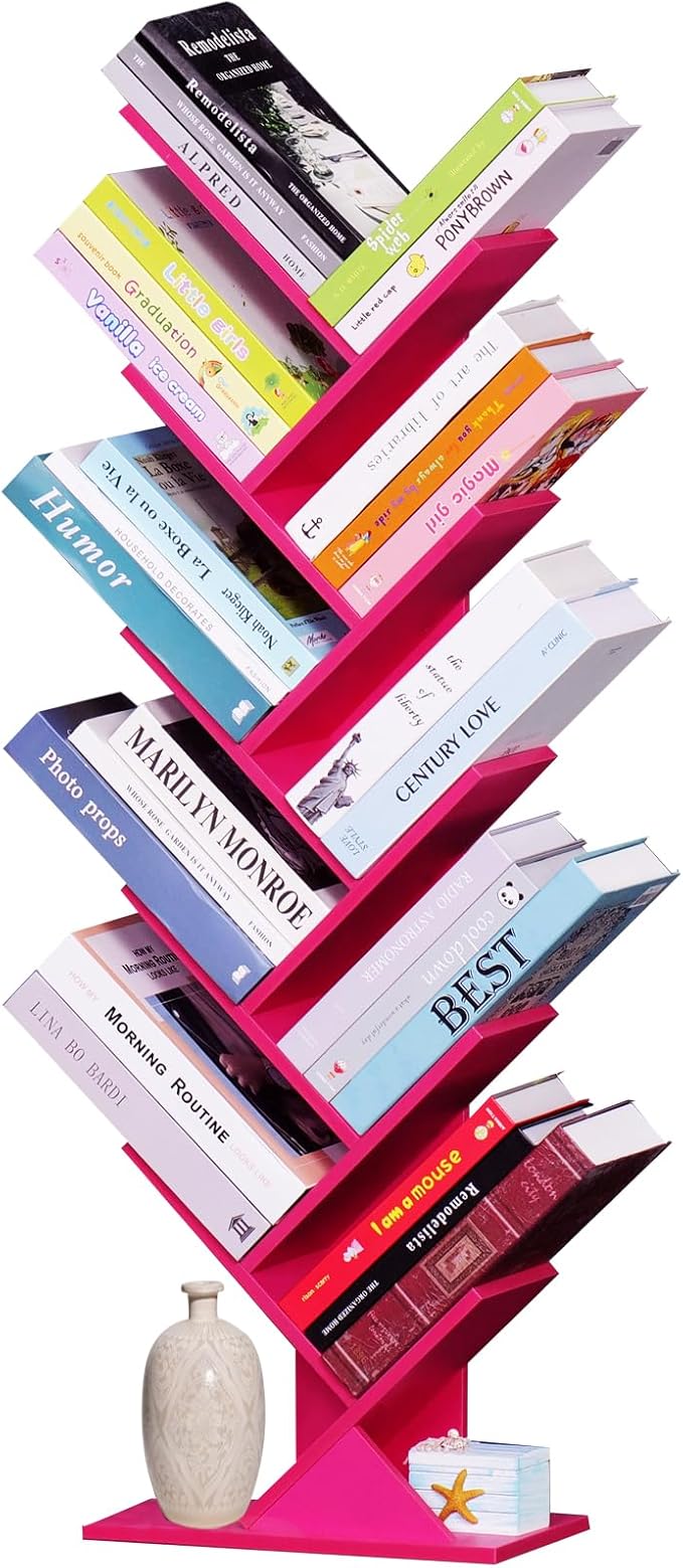 10 Tier Tree Book Shelf, Floor Standing Wood Bookshelf for Narrow Space, Storage Organizer Bookshelves for Books/CDs/Magazine, Bookcase with Shelves for Home Office, Living Room - Pink
