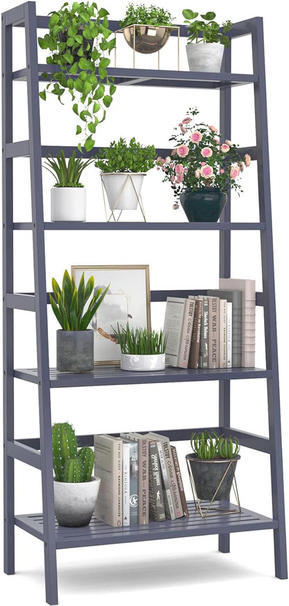 Homykic Bamboo Ladder Shelf 4-Tier Bookshelf, 49.2” Freestanding Open Bookcase Book Shelf Bathroom Storage Shelf Unit Plant Stand for Living Room, Bedroom, Small Space, Home Office, Blue Grey