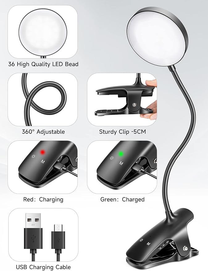 Mubarek Reading Lamp 400LM 36 LED Reading Light, USB Rechargeable Battery Operated Table Lamp, 5 Levels Brightness LED Desk Lamp,5Color Touch Control Reading Lamps for Bedside,Reading Light for Study