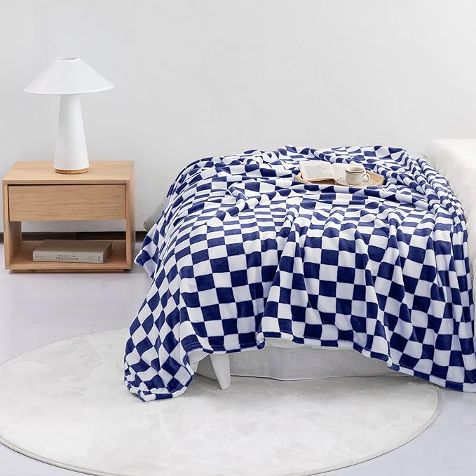 LOMAO Throw Blankets Flannel Blanket with Checkerboard Grid Pattern Soft Throw Blanket for Couch, Bed, Sofa Luxurious Warm and Cozy for All Seasons (Dark Blue, 60"x80")