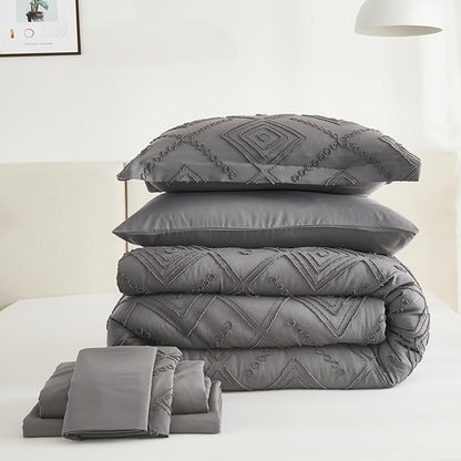 EMME King Comforter Set - 7 Pcs Dark Grey Boho Bedding Sets, King Size Tufted Comforter with Sheets, Shabby Chic Embroidery Bed Set Fluffy Bed Bag for All Season(102"X90")