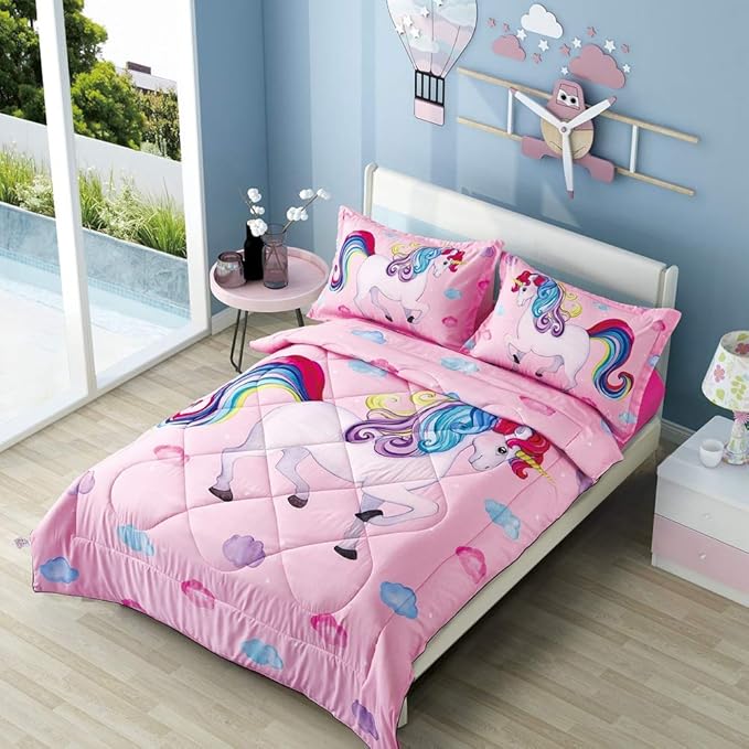 Wowelife Unicorn Full Size Bedding Set 5 Pieces Unicorn Comforter Set Pink 3D Kids Comforter Sets Breathable with Comforter, Flat Sheet, Fitted Sheet and 2 Pillowcases