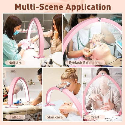 HITTI Half Moon Light for Nail Desk with Phone Holder, Foldable Nail Tech Light, Lash Table Lamp with Wire Controller & Remote, 7 Color Modes 10 Brightness for Extension Tattoo Craft Beauty - Pink