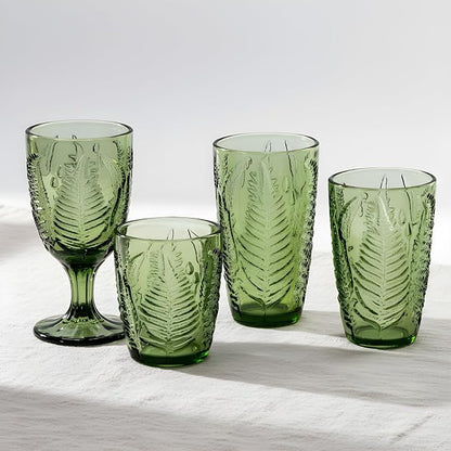 Green Drinking Glasses Set of 8, 10 oz Glass Cups, Vintage Fern Glassware | Hand-Pressed, Dishwasher Safe, Boho Leaf-Textured Drinkware, Colored Embossed Lowball Tumblers for Water, Retro Kitchen Gift