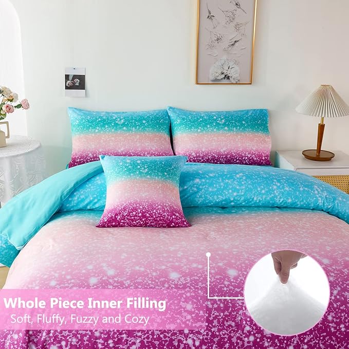 PERFEMET 6Pcs Teal Purple Comforter Set Twin Size, Tie Dye Rainbow Glitter Bed in A Bag, Gradient Pastel Ombre Sparkle Bedding Set for Kids Teens Girls (Blue Teal Purple, Twin)