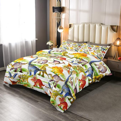 Erosebridal Dinosaur Comforter Set Kawaii Dino Bedding Set for Kids Girls Boys Teens Bedroom Decor, Retro Animal Duvet Insert Watercolor Wildlife Soft Microfiber Quilt with 1 Pillow Case, Twin