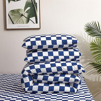 Royal Blue White Grid Comforter Set Cal King Royal Blue Plaid Bedding Set Women Royal Blue and White Checkered Bed Comforter Set Breathable Blanket Set Men Durable Bedding Comforter Set