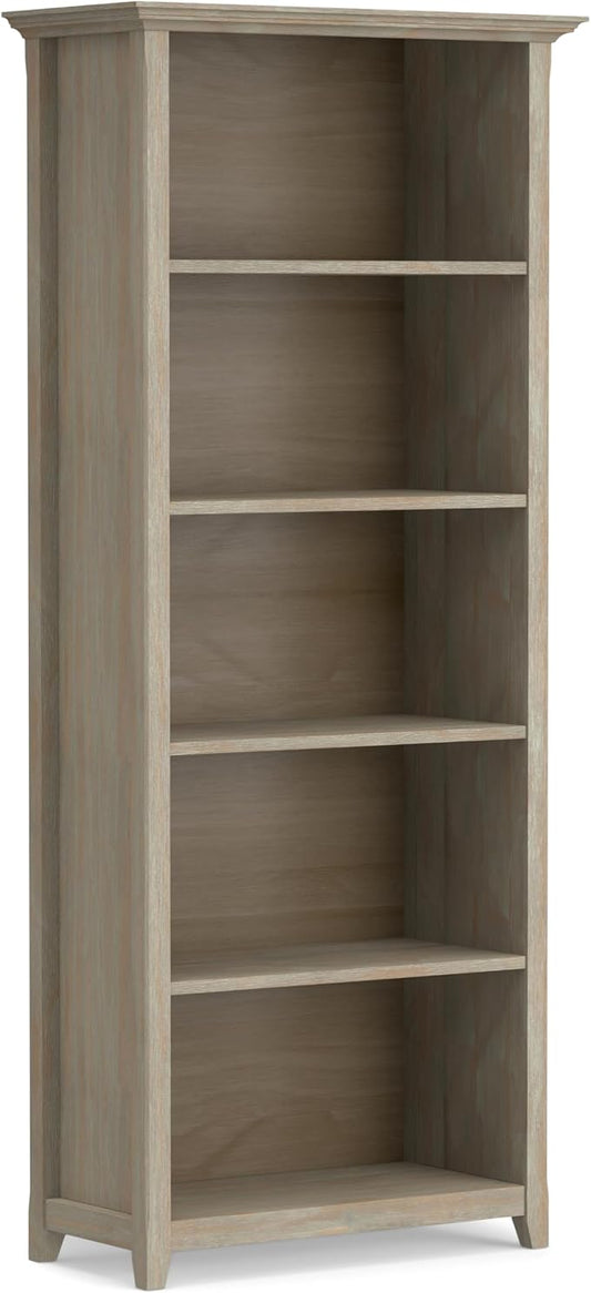 SIMPLIHOME Amherst SOLID WOOD 30 Inch Transitional 5 Shelf Bookcase in Distressed Grey, For the Living Room, Study Room and Office