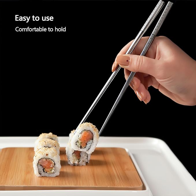 IQCWOOD Laser Engraved 18/8 Stainless Steel Chopsticks, 5 Pairs Reusable Dishwasher Safe Metal Chopsticks, Non-Slip Square Japanese Korean Style Chop Sticks for Cooking Eating, 9 1/4 Inches Gift Set
