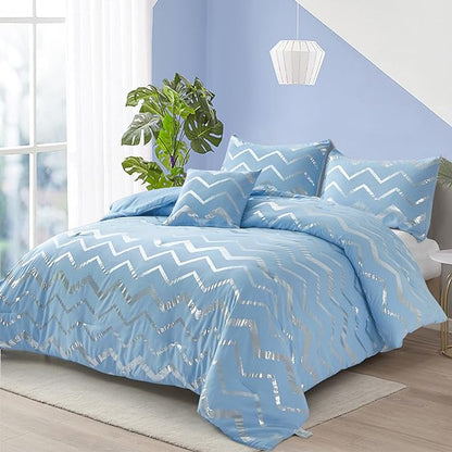 King Comforter Set Blue/Silver Metallic Print Glitter Bedding Set Cute Shinny Bed Sets for Teen Girls Kids Women, 4 Piece (2 Pillowcases, 1 Decorative Pillow Sham)