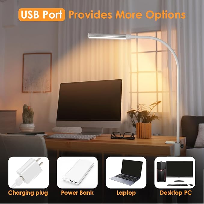 ShineTech LED Desk Lamp for Home Office, Eye-Caring Desk Light with Clamp, 3 Colors Stepless Brightness Adjustable Flexible Gooseneck, USB Adapter Architect Task Lamps for College Dorm Room